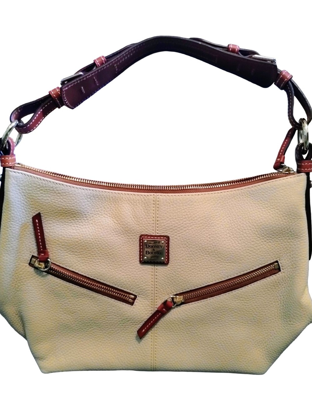 Dooney & Bourke Beige Leather Shoulder Bag Tote w/ Brown Trim & 4 Zipper Pockets